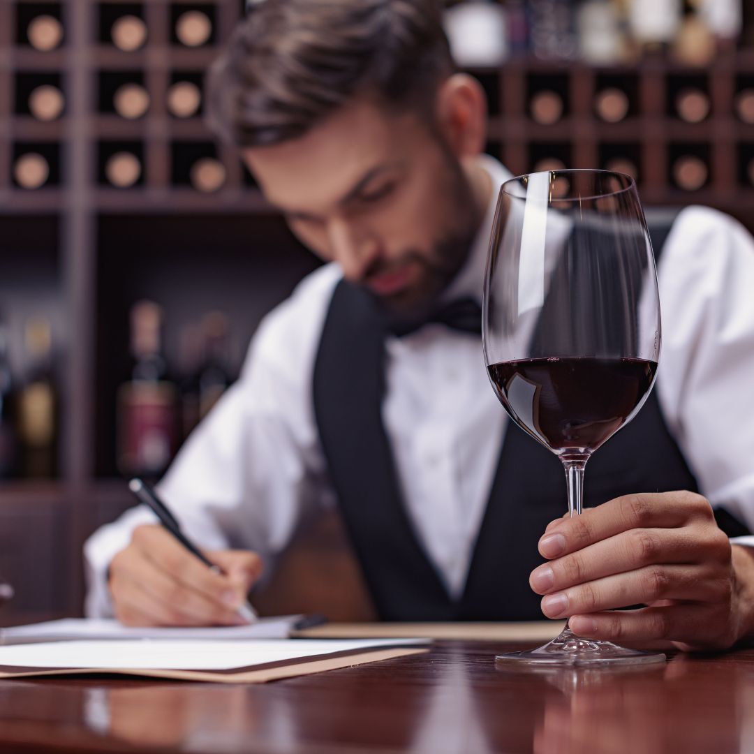 Une sommelier en train de prendre des notes tout en tenant un verre de vin rouge qu’il déguste