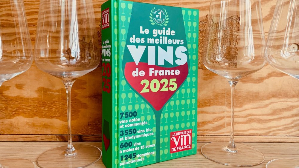 Guide des meilleurs vins de France 2025 debout entouré de verre de dégustation vides